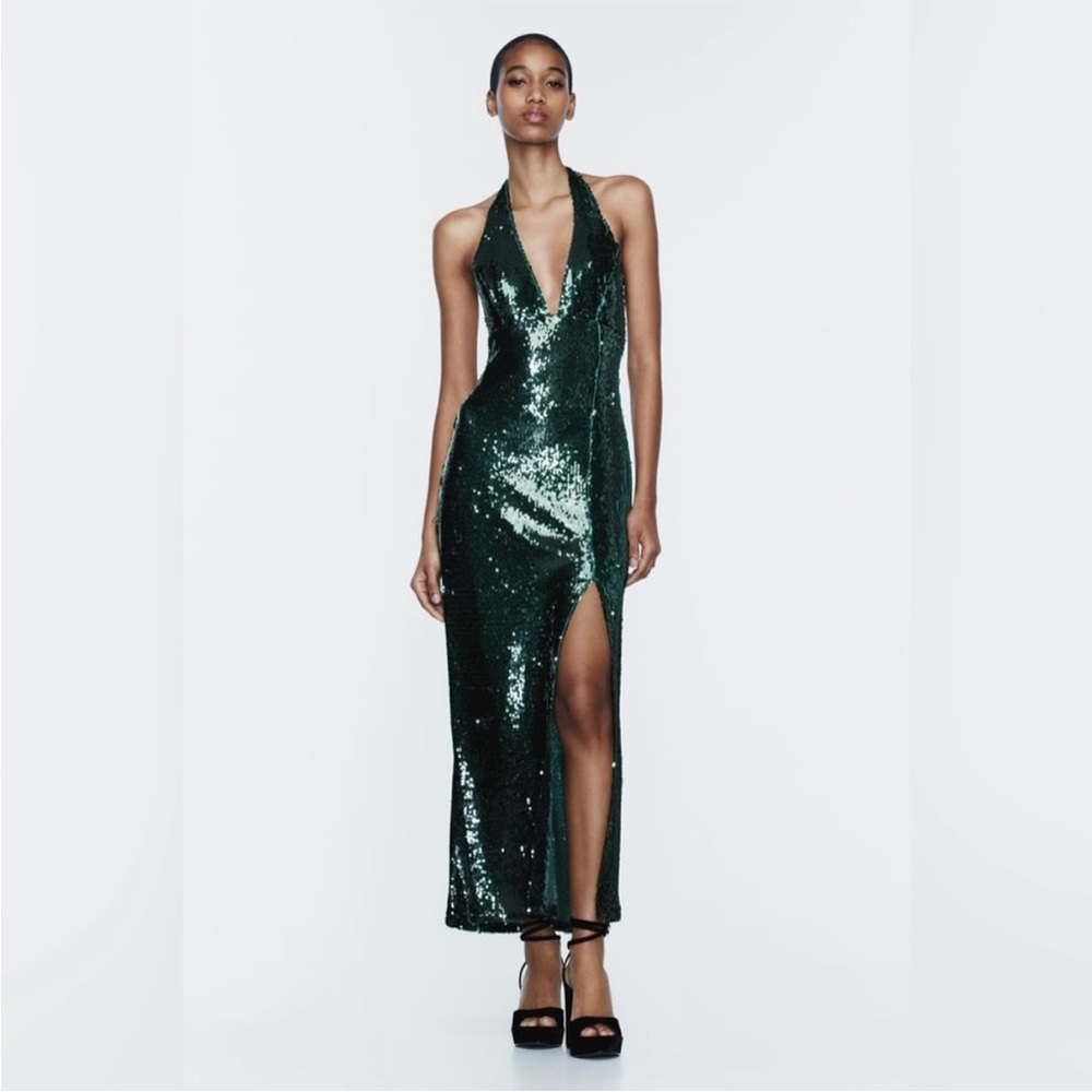 Zara Green Sequin Halter Midi Dress blogger favorite prom party festive glam XS